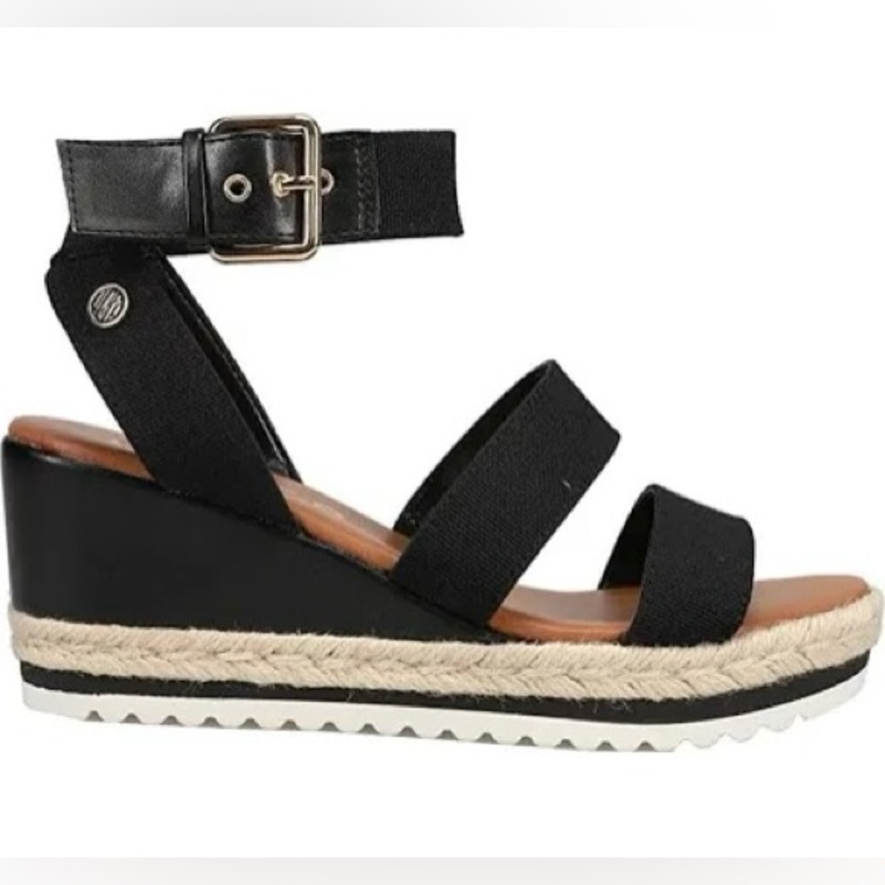 Unisa Black Wedge Sandals with Tan Accents